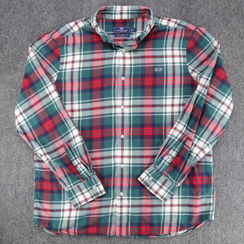 Vineyard Vines Classic Fit Whale Shirt Mens 100%‎ Cotton Plaid Green Red L
